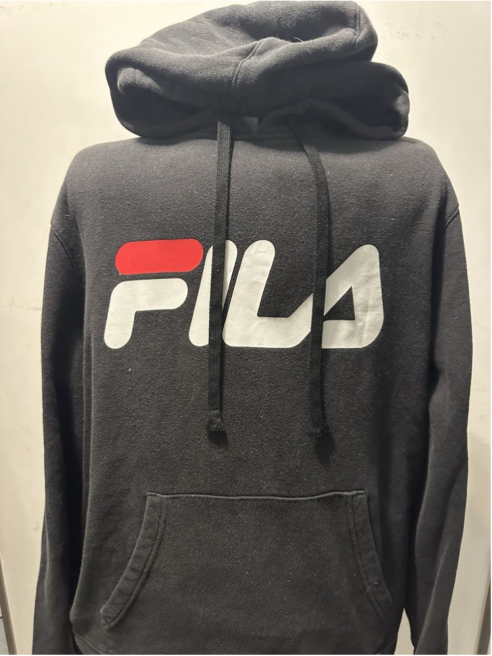 FILA Pullover Hoodie Sweatshirt Black Red White Big Spellout Logo Mens Large